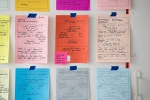QA resources represented by project notecards on wall