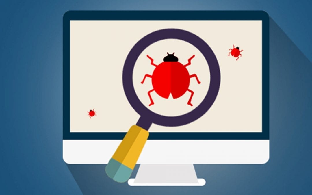 software bugs represented by cartoon computer bug and magnifying glass