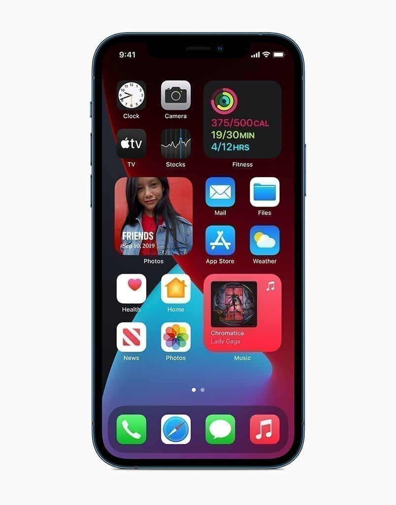 Apple iPhone 12 pro in dark mode showing widgets, springboard, and apps