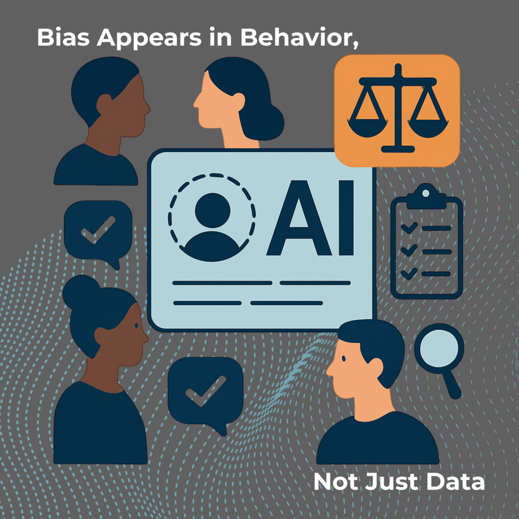 Diagram illustrating how AI bias emerges during real-world use through new inputs, edge cases, and evolving conditions, emphasizing the importance of behavioral testing.
